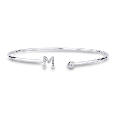 Bracciale rigido in oro bianco 18k con lettera M in diamanti