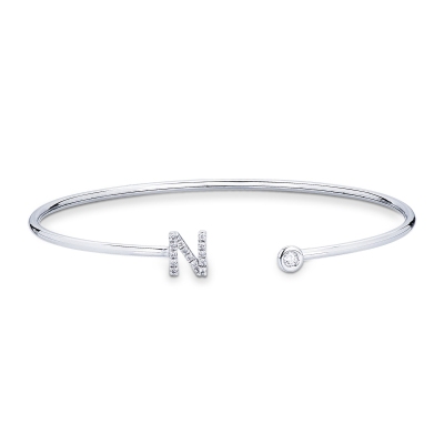 18k white gold rigid bracelet with letter N with diamonds