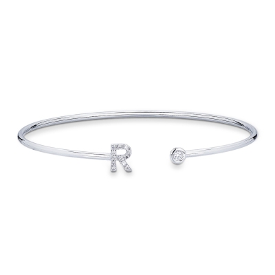 18k white gold rigid bracelet with letter R with diamonds
