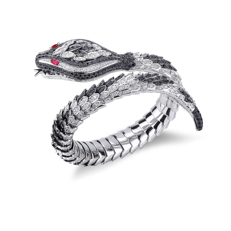 18k white gold rigid snake bracelet with black and white diamonds and rubies