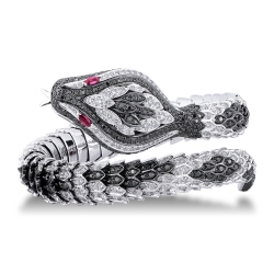 18k white gold rigid snake bracelet with black and white diamonds and rubies