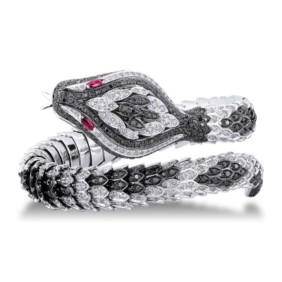 18k white gold rigid snake bracelet with black and white diamonds and rubies