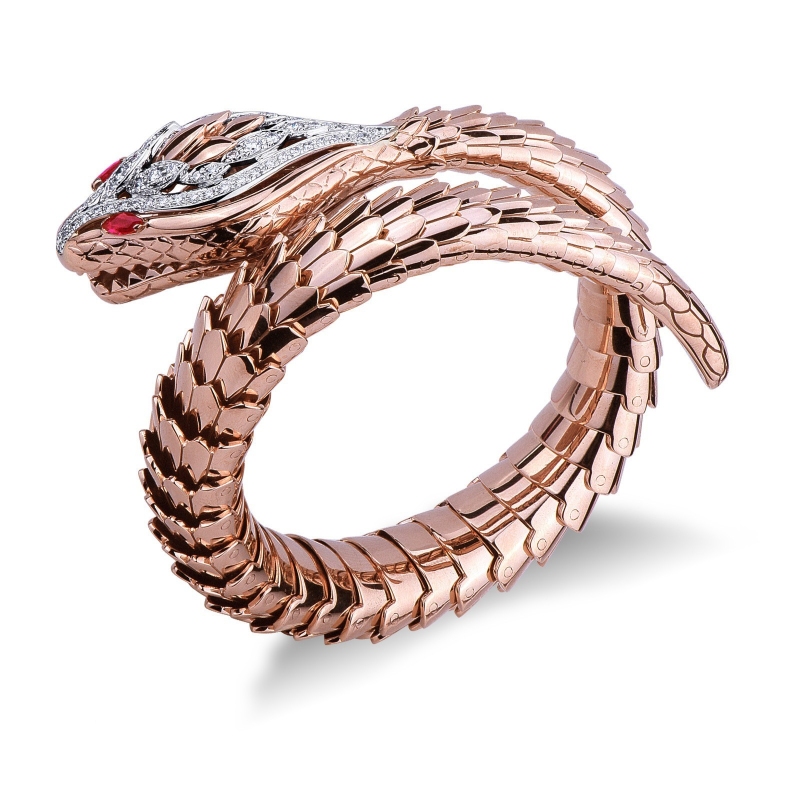 18k rose gold rigid snake bracelet with diamonds and rubies