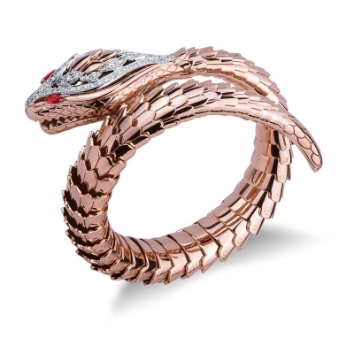 18k rose gold rigid snake bracelet with diamonds and rubies