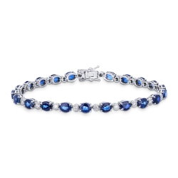 Bracciale alternato in oro bianco 18k con 21 zaffiri blu ovali e 24 diamanti, cm 18