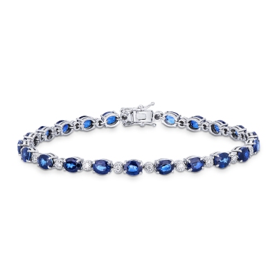 Bracciale alternato in oro bianco 18k con 21 zaffiri blu ovali e 24 diamanti, cm 18