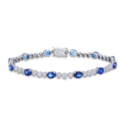 Bracciale alternato in oro bianco 18k con 12 zaffiri blu ovali e 36 diamanti, cm 18
