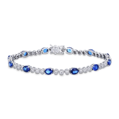 Bracciale alternato in oro bianco 18k con 12 zaffiri blu ovali e 36 diamanti, cm 18