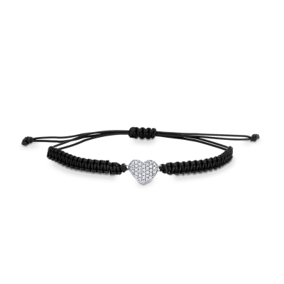 Bracciale con cordino in tessuto nero e cuore in oro bianco 18k e diamanti
