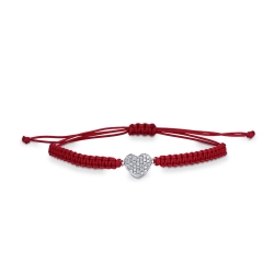 Bracciale con cordino in tessuto rosso e cuore in oro bianco 18k e diamanti