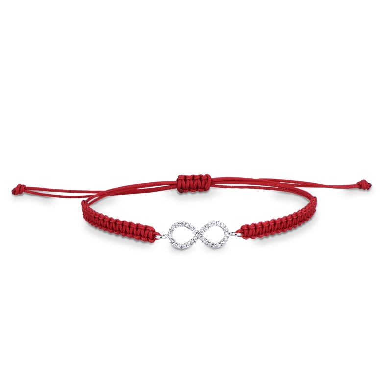 Red fabric cord bracelet with infinite charm in white gold 18k and diamonds