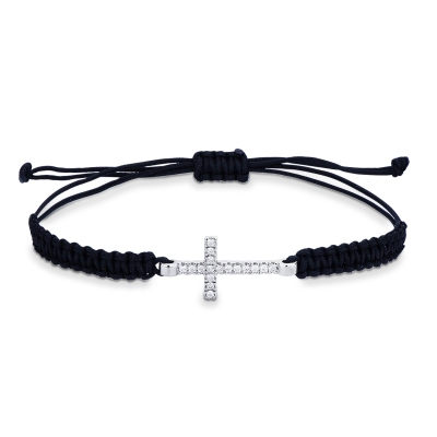 Black tissue bracelet with cross in white gold 18k and diamonds 