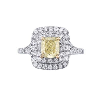 Anello con diamante taglio cushion fancy yellow 1.16ct GIA in oro bianco 18k
