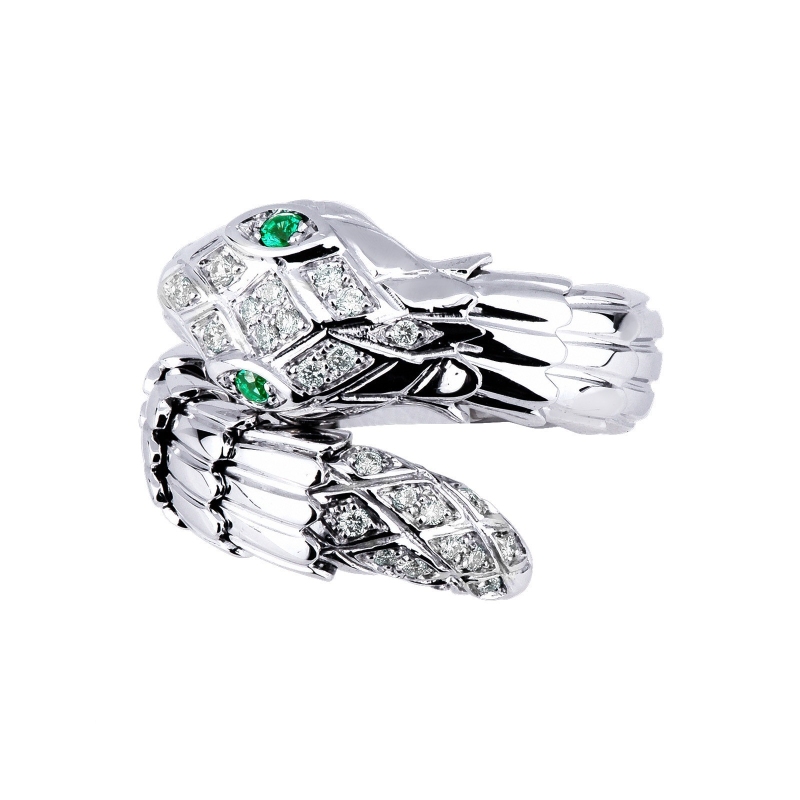18k white gold snake ring with diamonds and emeralds 