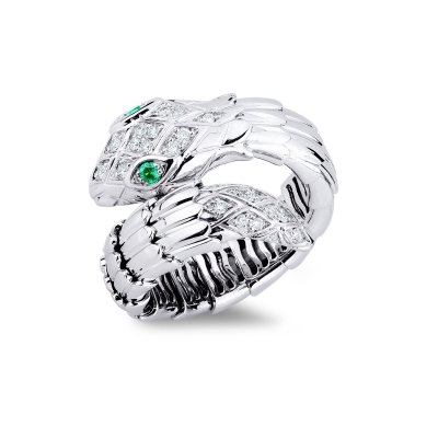 18k white gold snake ring with diamonds and emeralds 