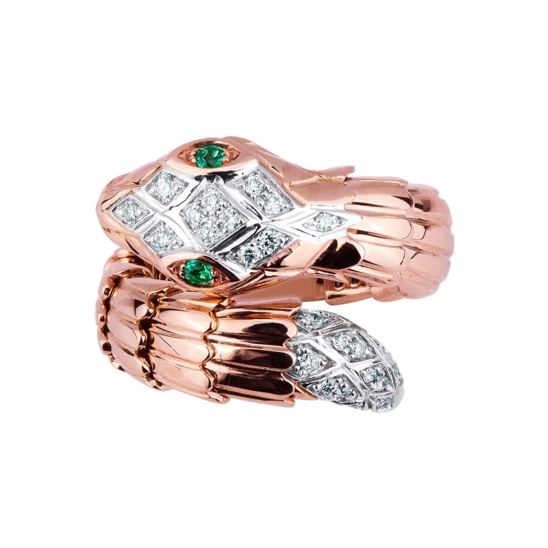 White and rosé gold 18k snake ring with diamonds and emeralds 