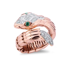 White and rosé gold 18k snake ring with diamonds and emeralds 