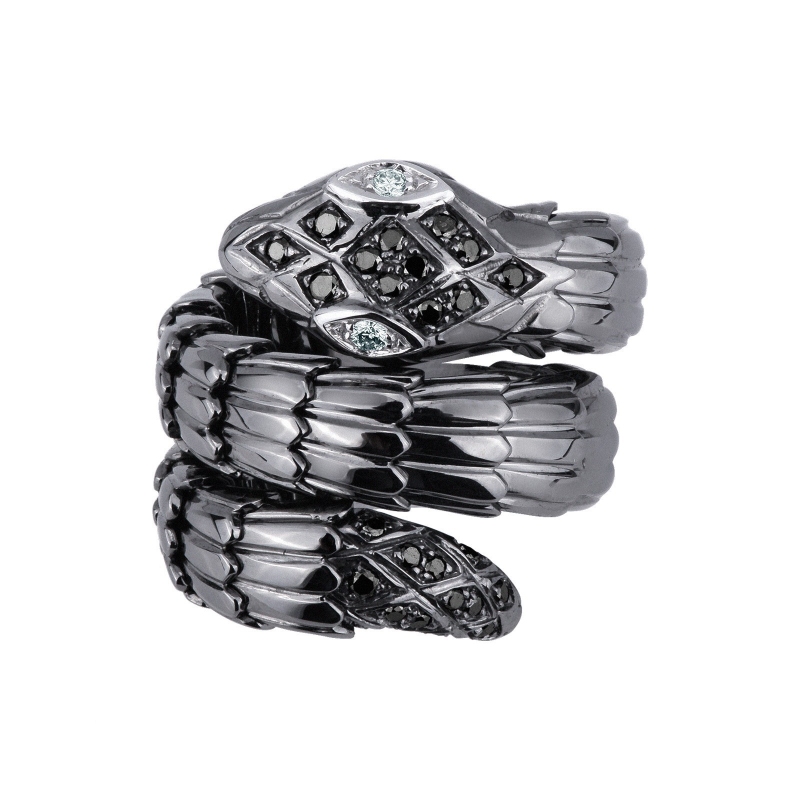 18k white burnished gold snake ring with black and white diamonds 