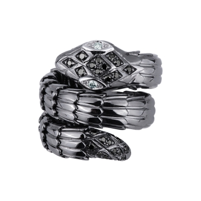 18k white burnished gold snake ring with black and white diamonds 