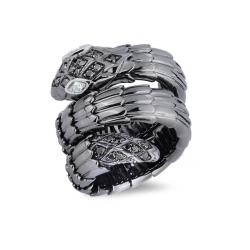18k white burnished gold snake ring with black and white diamonds 