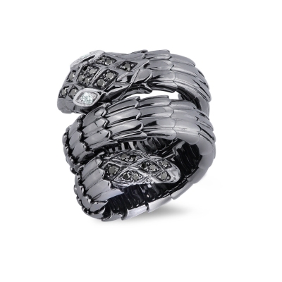 18k white burnished gold snake ring with black and white diamonds 