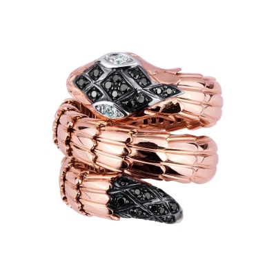Burnished rosé gold 18k snake ring with black and white diamonds 