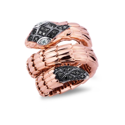Burnished rosé gold 18k snake ring with black and white diamonds 