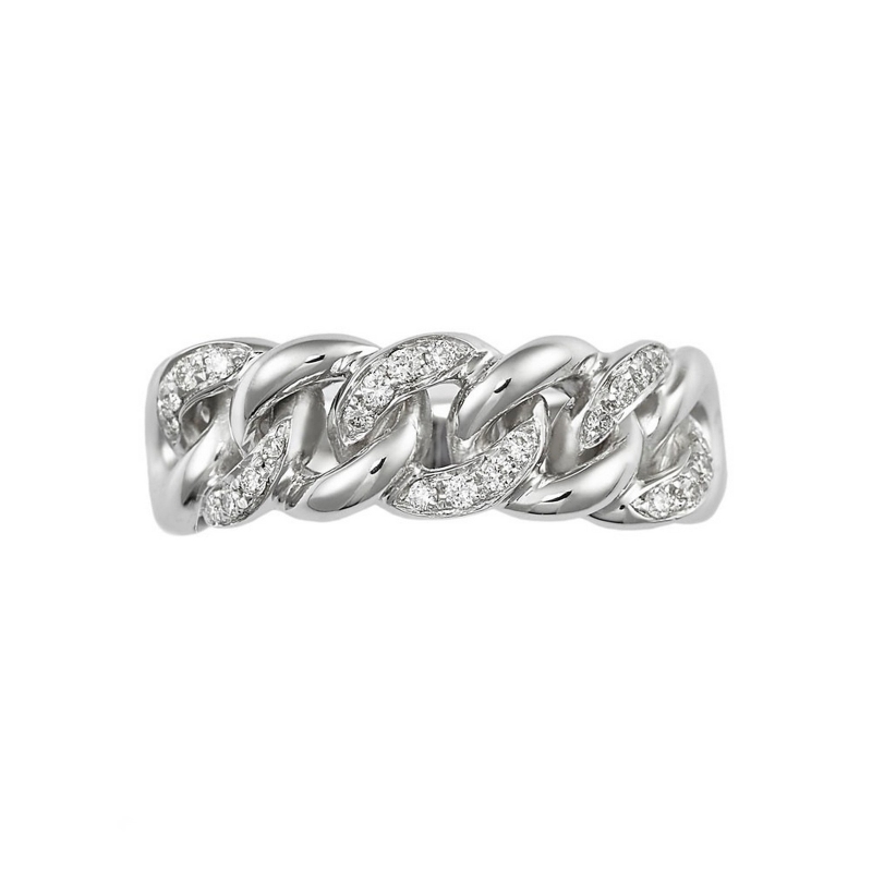 18k white gold groumette ring with three diamonds-set links 