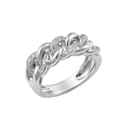 18k white gold groumette ring with three diamonds-set links 