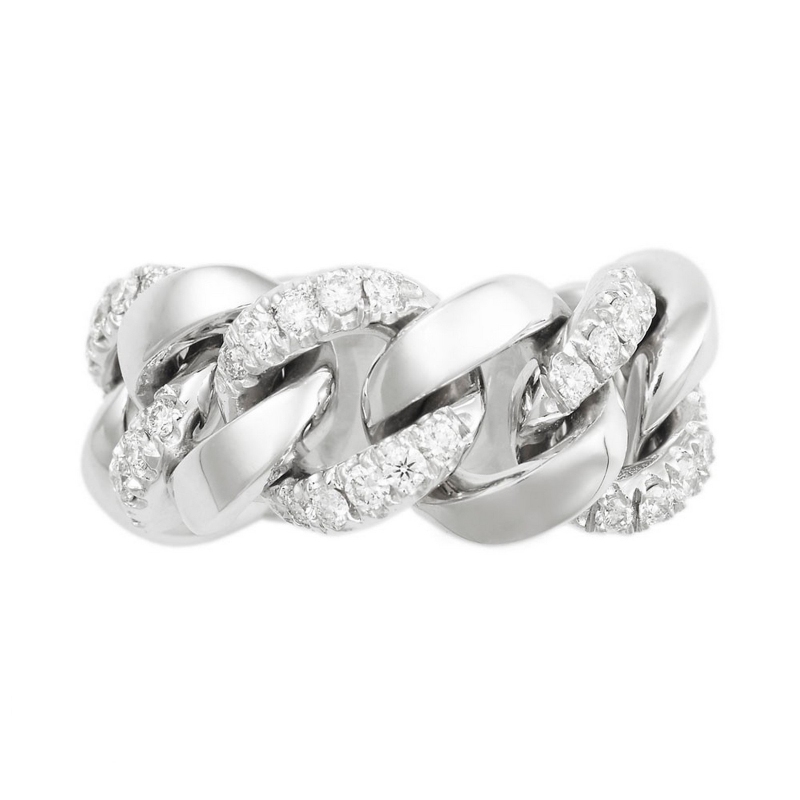White gold 18k groumette ring with three alternated diamond links