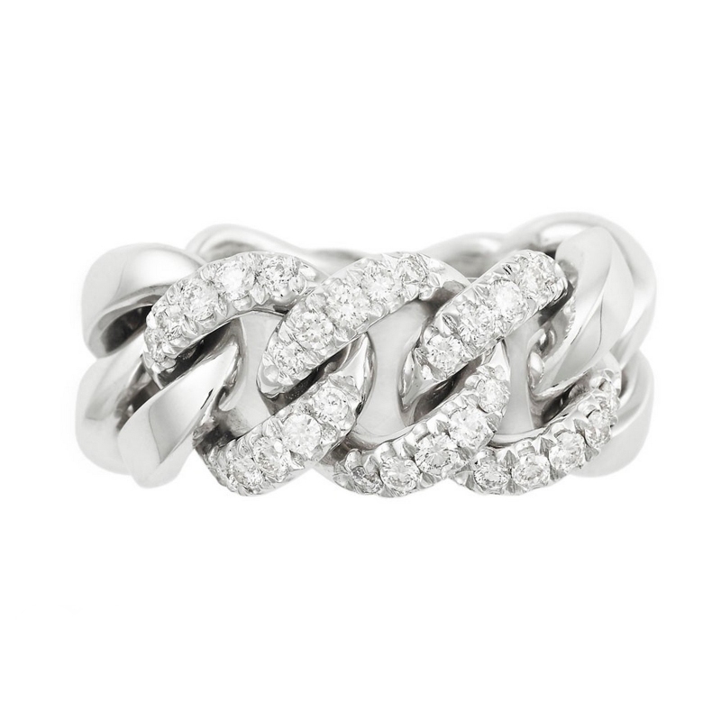 White gold 18k groumette ring with diamonds-set links 