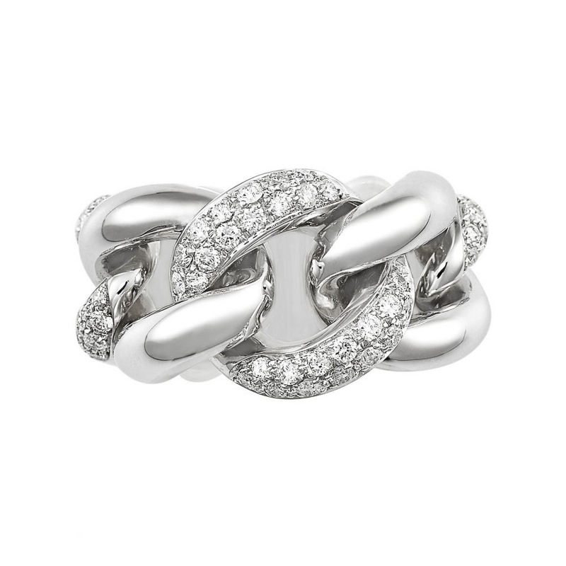 White gold 18k groumette ring with three diamonds-set links 