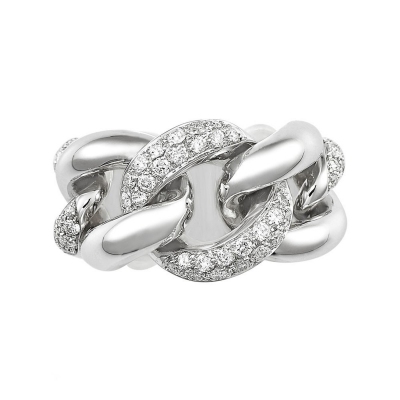 White gold 18k groumette ring with three diamonds-set links 