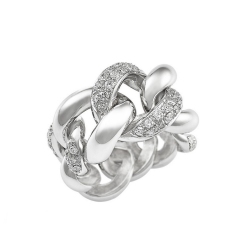 White gold 18k groumette ring with three diamonds-set links 