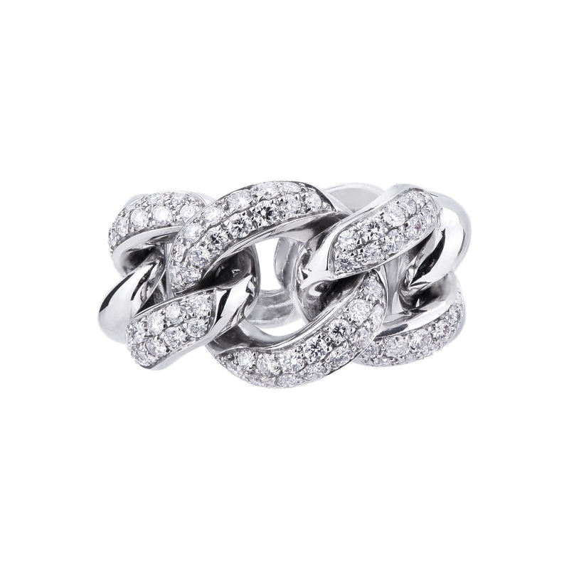 18k white gold groumette ring with three soft diamonds-set links 