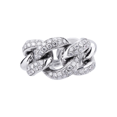 18k white gold groumette ring with three soft diamonds-set links 