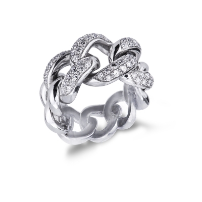 18k white gold groumette ring with three soft diamonds-set links 