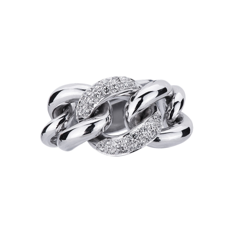 18k white gold groumette ring with a central diamond-set link 