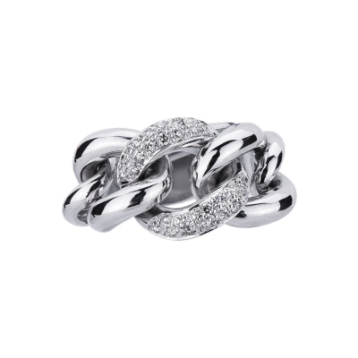 18k white gold groumette ring with a central diamond-set link 