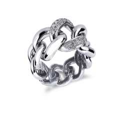 18k white gold groumette ring with a central diamond-set link 