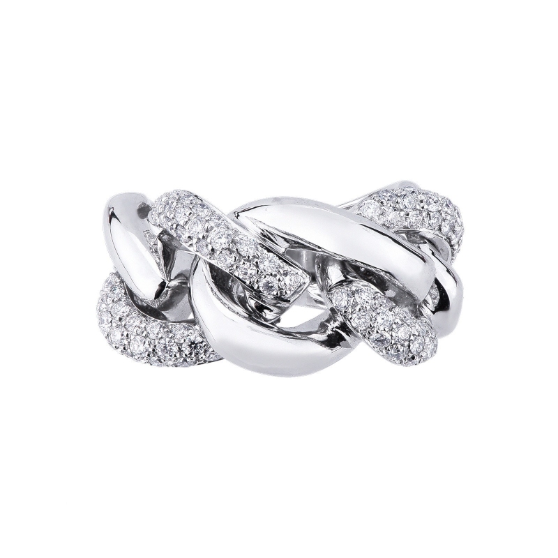 18k white gold groumette ring with two diamonds-set links 