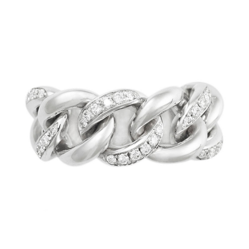 White gold 18k groumette ring wirh three alternated diamonds-set links 
