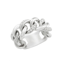 White gold 18k groumette ring wirh three alternated diamonds-set links 