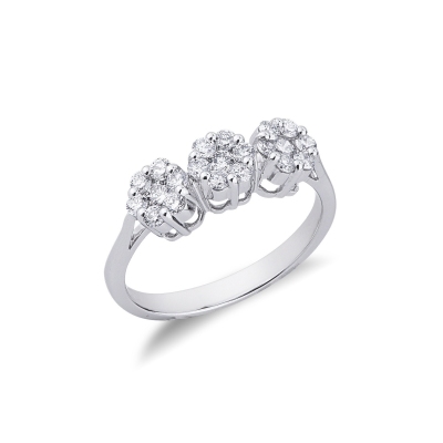 18k white gold regular trilogy ring with diamonds pavé