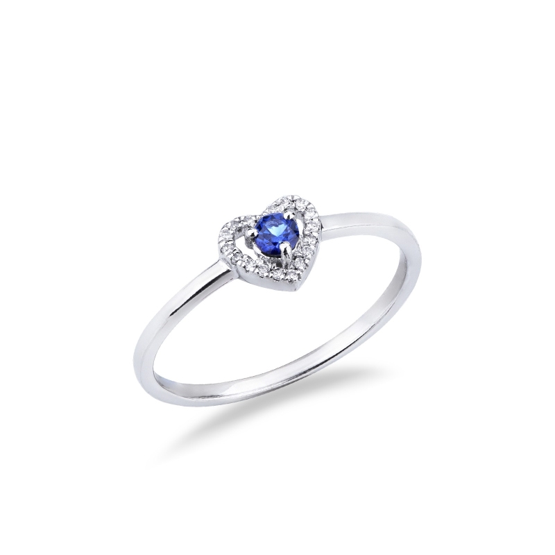 Ring in white gold 18k with diamonds heart and central blue sapphire