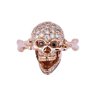 Rosé gold 18k skull ring with black and white diamonds 
