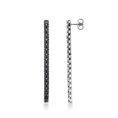 Orecchini tennis lineari in oro bianco 18k con diamanti neri, 5 cm