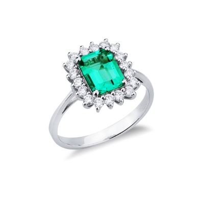 ANELLO CONTORNO CON 18BRILLANTI E SMERALDO RETTANGOLARE MM8X6