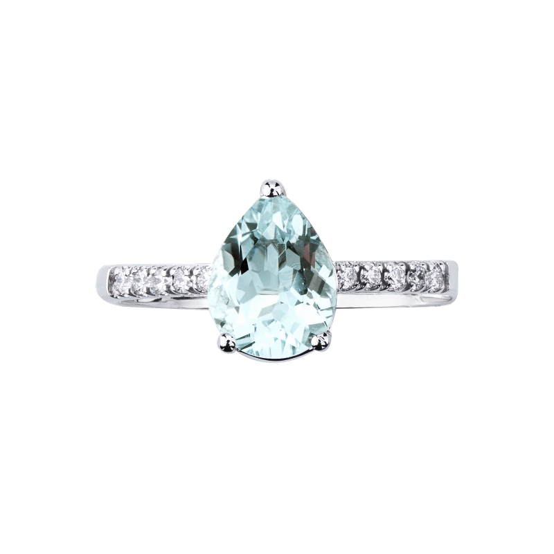 Anello con acquamarina a goccia in oro bianco con diamanti