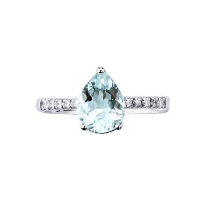 Anello con acquamarina a goccia in oro bianco con diamanti